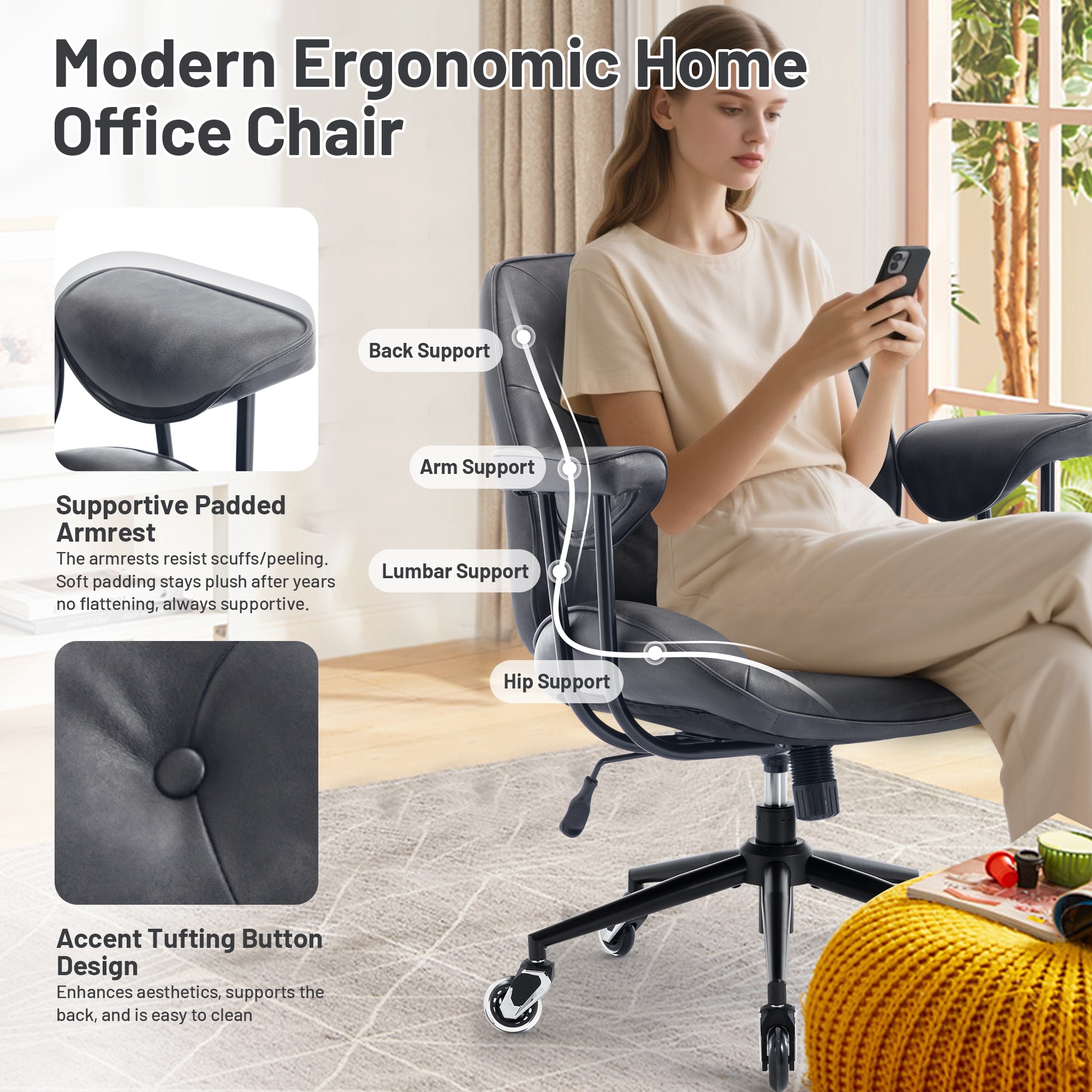Ergonomic Retro Leather Office Chair With Lumbar Support Wheels_voghion.com